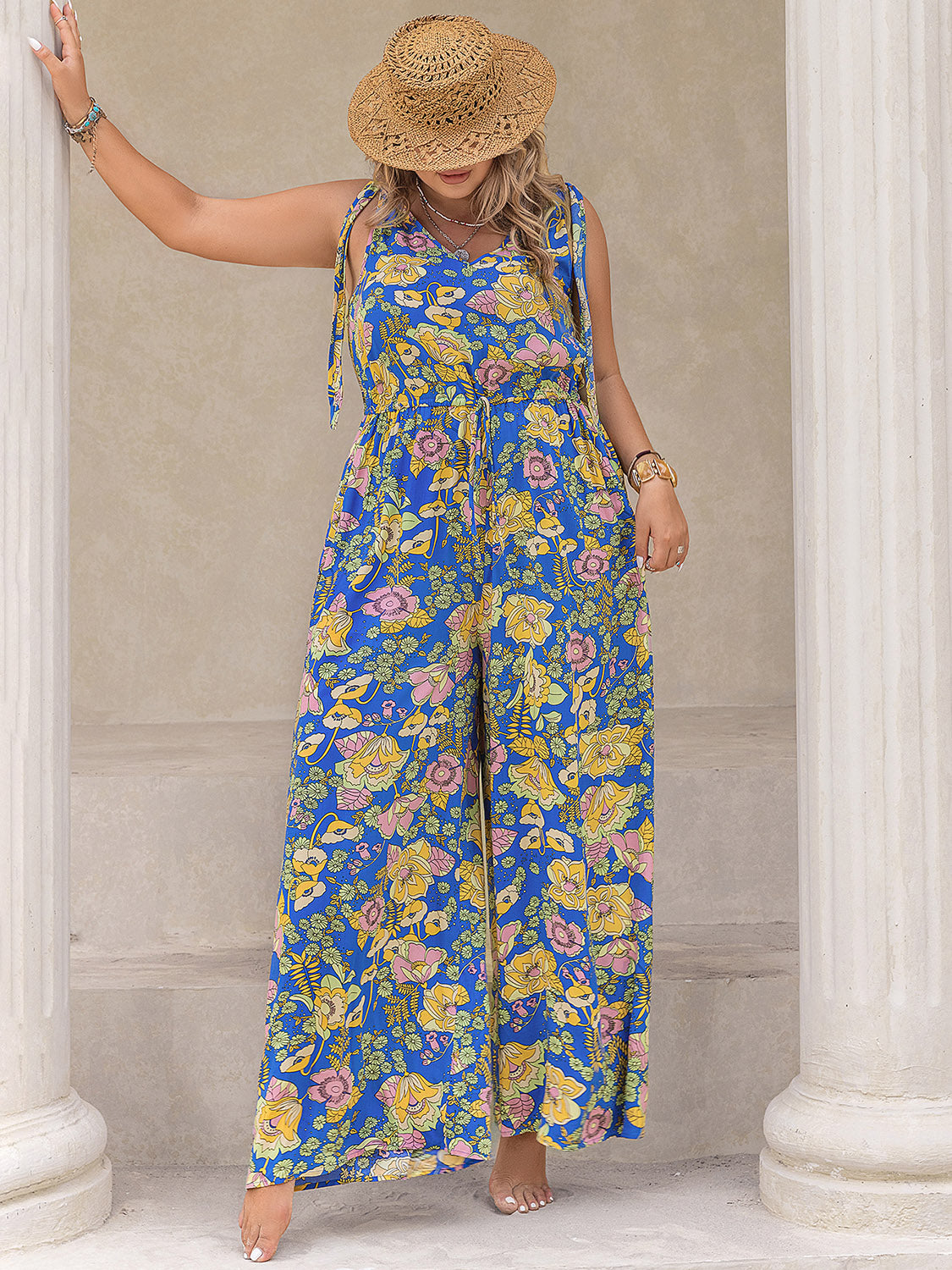 Plus Size Printed V-Neck Wide Leg Jumpsuit - Shimmervee