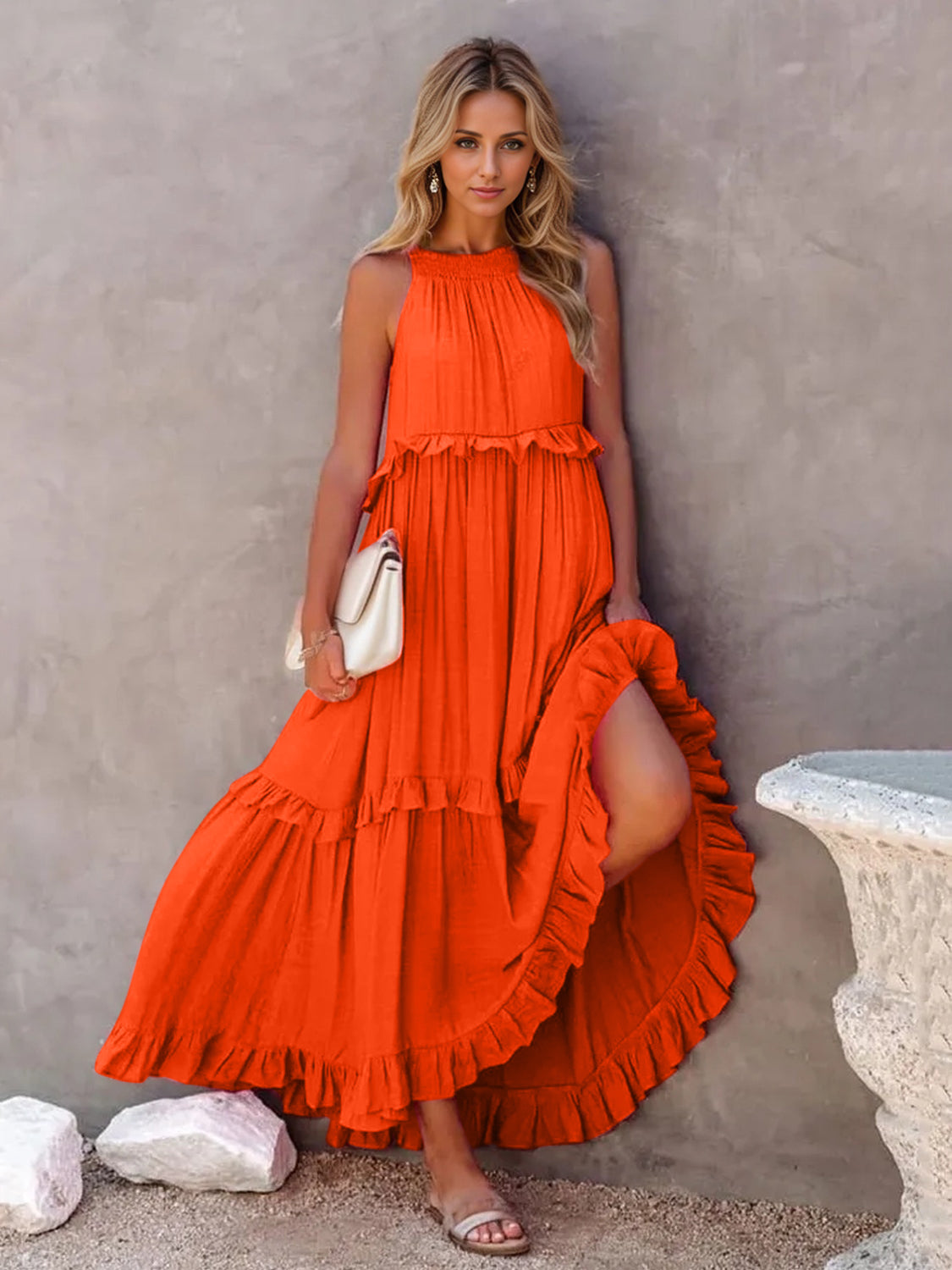 Ruffled Sleeveless Tiered Maxi Dress with Pockets - Shimmervee