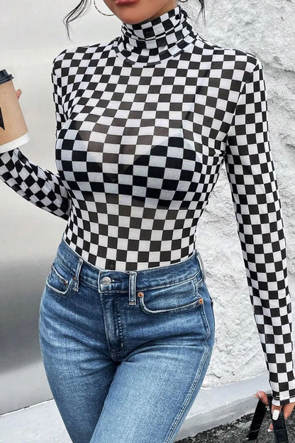 Checkered Turtleneck Long Sleeve Bodysuit - Shimmervee