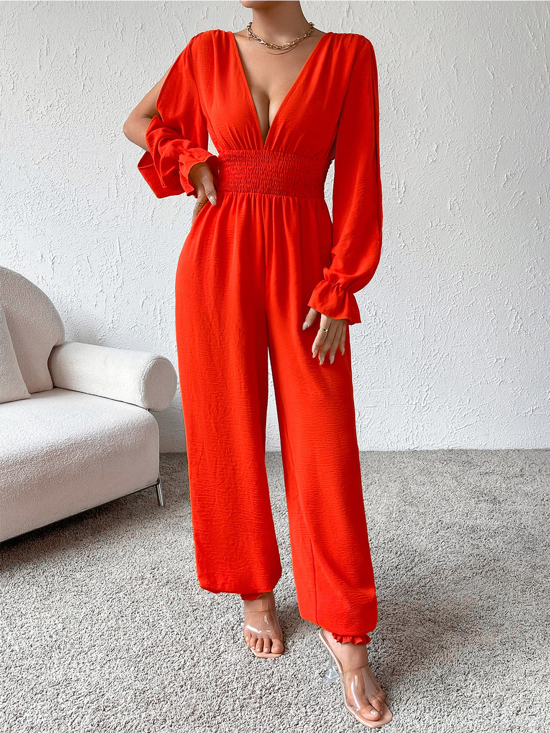 Honey Plunge Smocked Flounce Sleeve Jumpsuit - Shimmervee