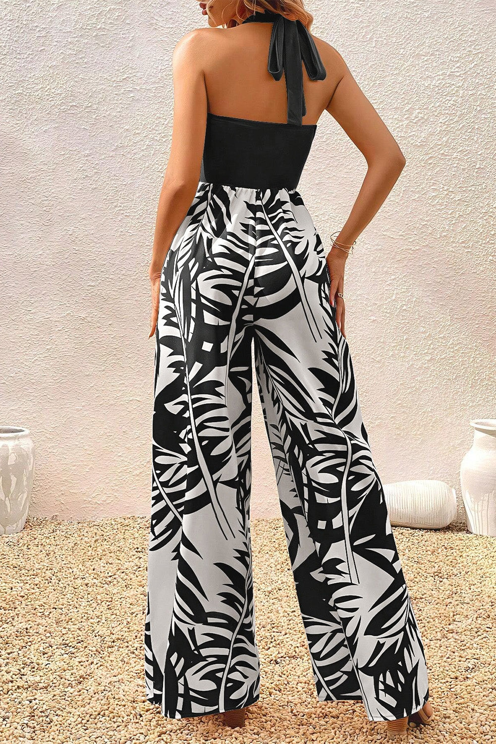 Printed Halter Wide Leg Jumpsuit - Shimmervee