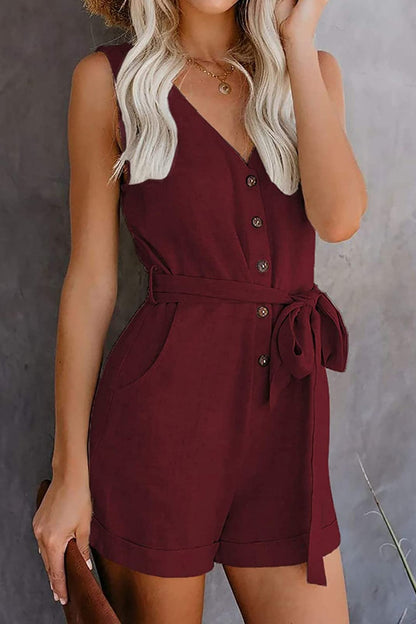 Full Size Tied V-Neck Sleeveless Romper with Pockets - Shimmervee