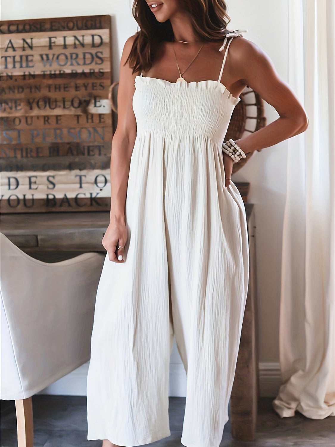 Full Size Smocked Spaghetti Strap Wide Leg Jumpsuit - Shimmervee