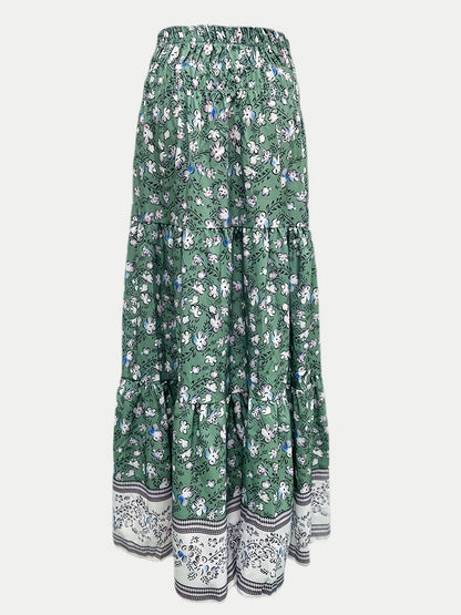 Full Size Tiered Printed Elastic Waist Skirt - Shimmervee