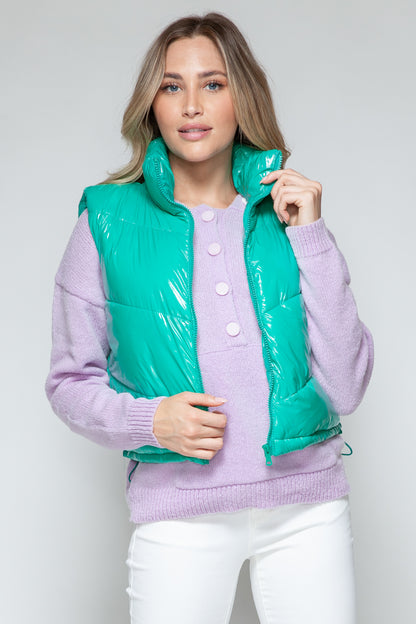 Snobbish Zip Up Turtleneck Shiny Quilted Vest