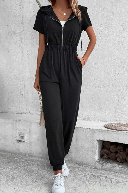 Perfee Zip-Up Short Sleeve Hooded Jumpsuit with Pockets