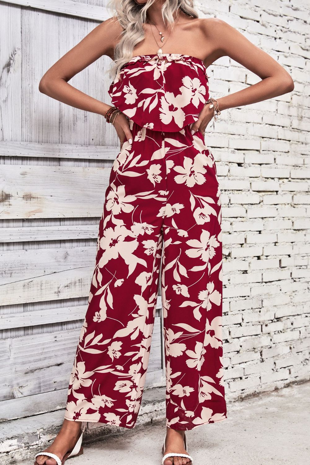 Perfee Floral Strapless Wide Leg Jumpsuit - Shimmervee