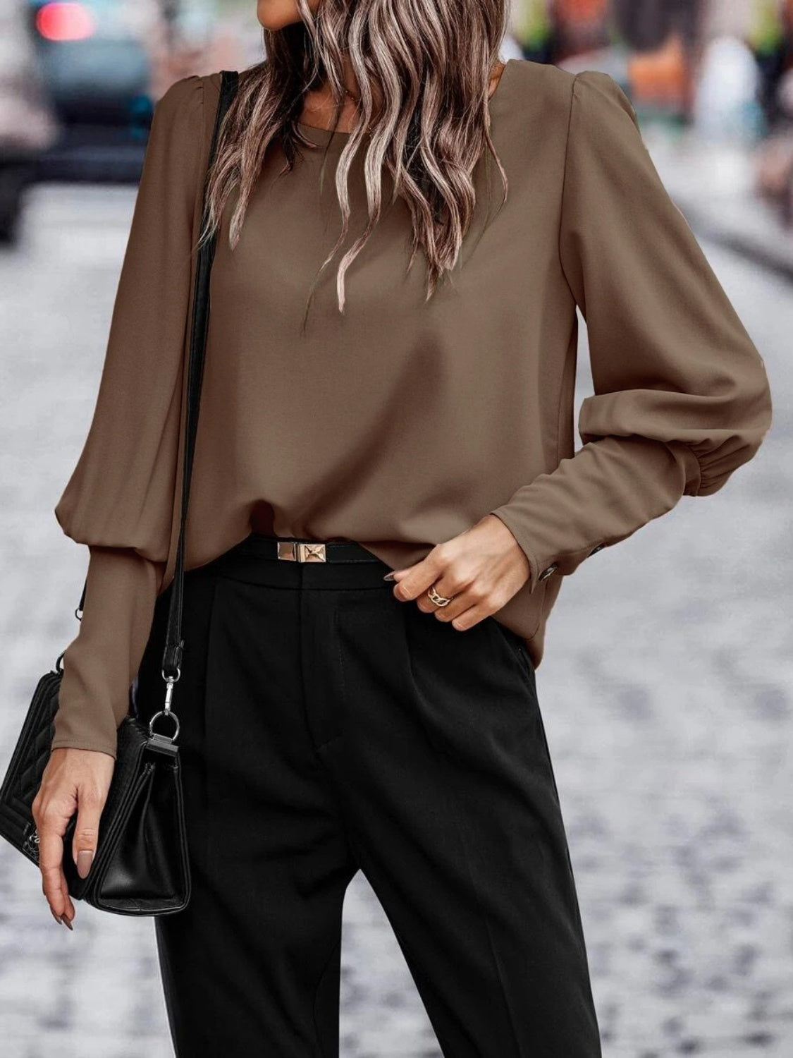 Decorative Button Round Neck Long Sleeve Blouse - Shimmervee