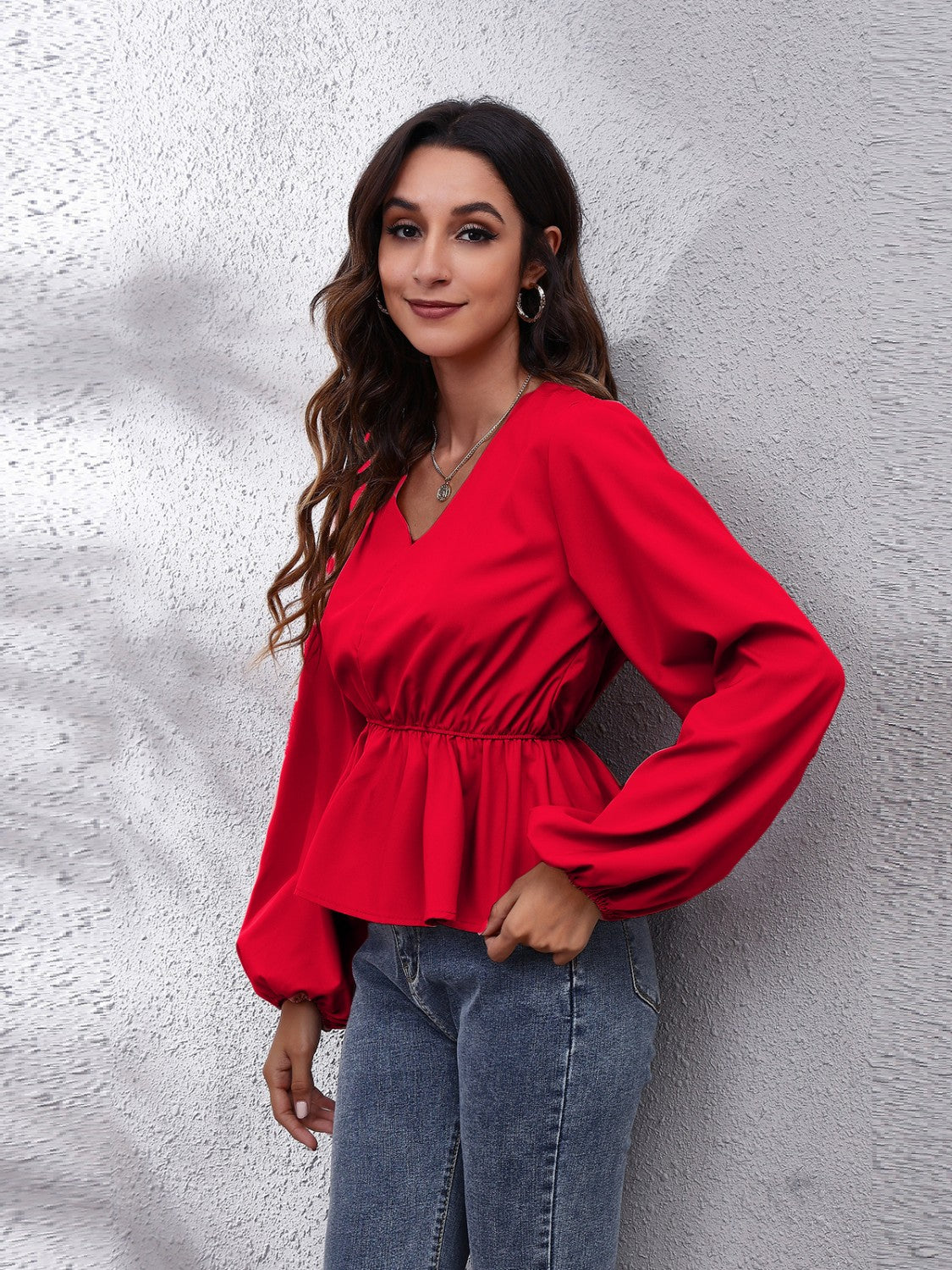 V-Neck Balloon Sleeve Peplum Blouse