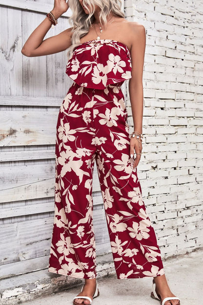 Perfee Floral Strapless Wide Leg Jumpsuit - Shimmervee