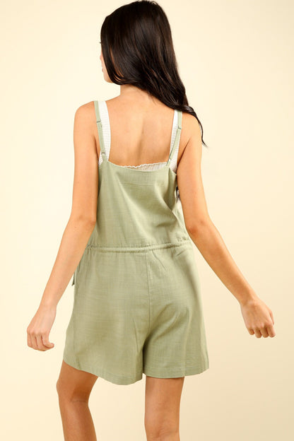 VERY J Half Button Drawstring Sleeveless Romper - Shimmervee