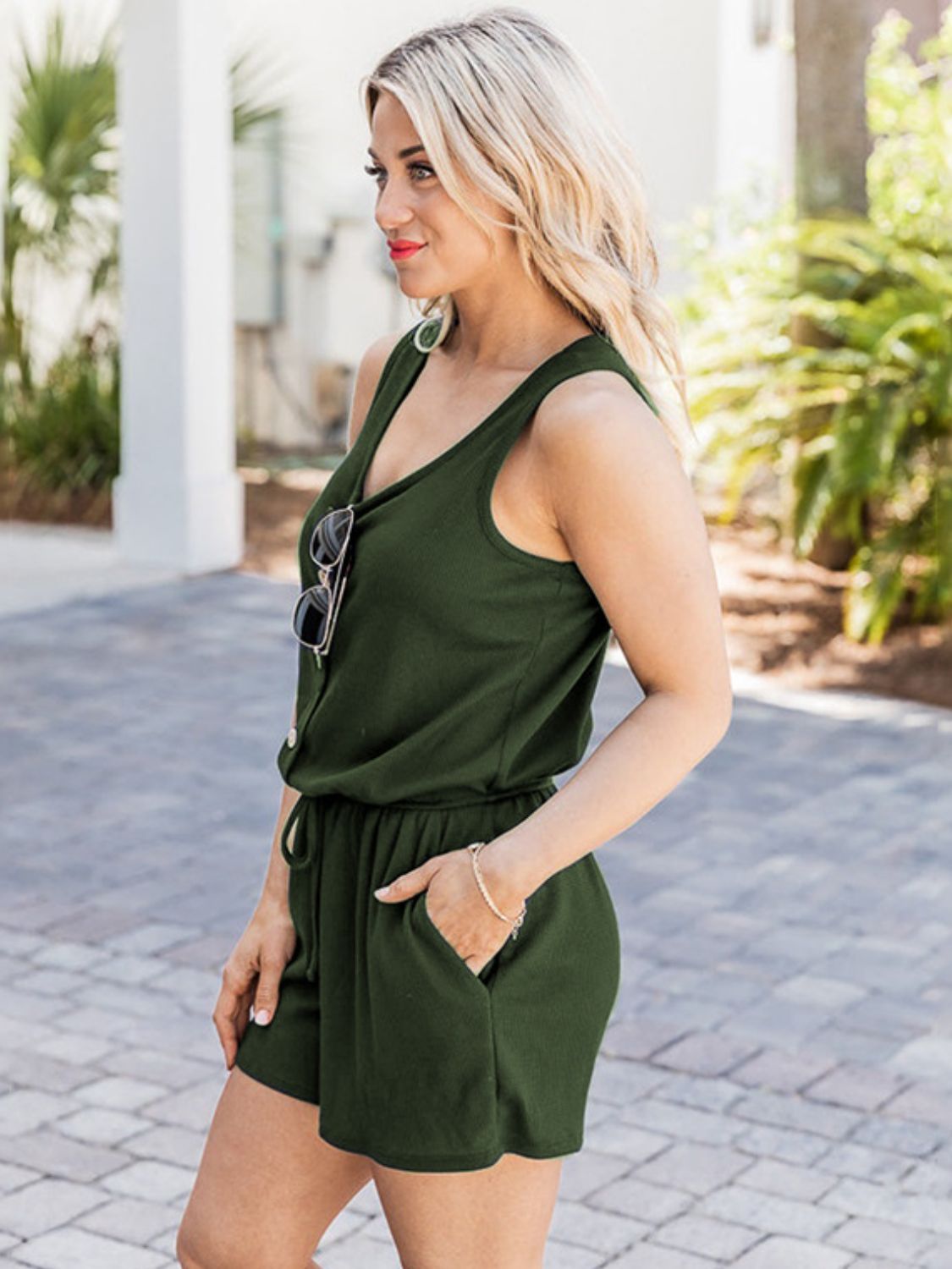 Scoop Neck Wide Strap Romper with Pockets - Shimmervee