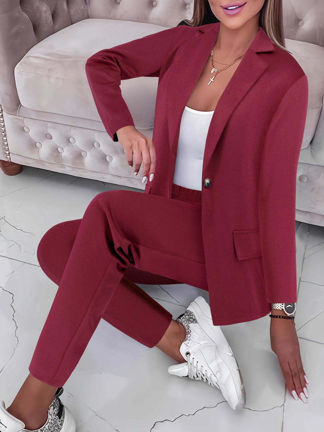 Lapel Collar Long Sleeve Top and Pants Set - Shimmervee