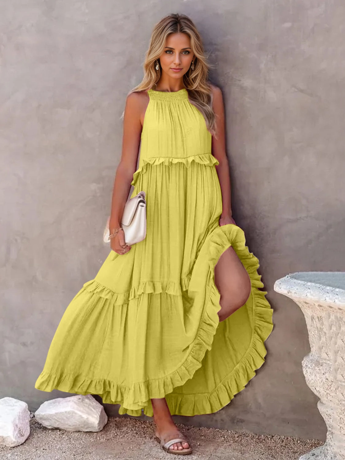 Ruffled Sleeveless Tiered Maxi Dress with Pockets - Shimmervee