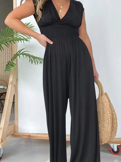 Smocked Cap Sleeve Wide Leg Jumpsuit