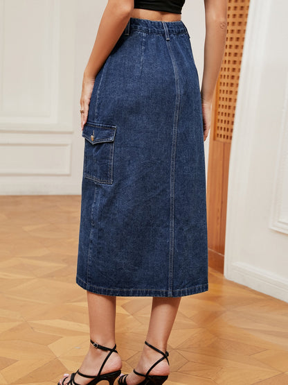 Button Down Midi Denim Skirt - Shimmervee