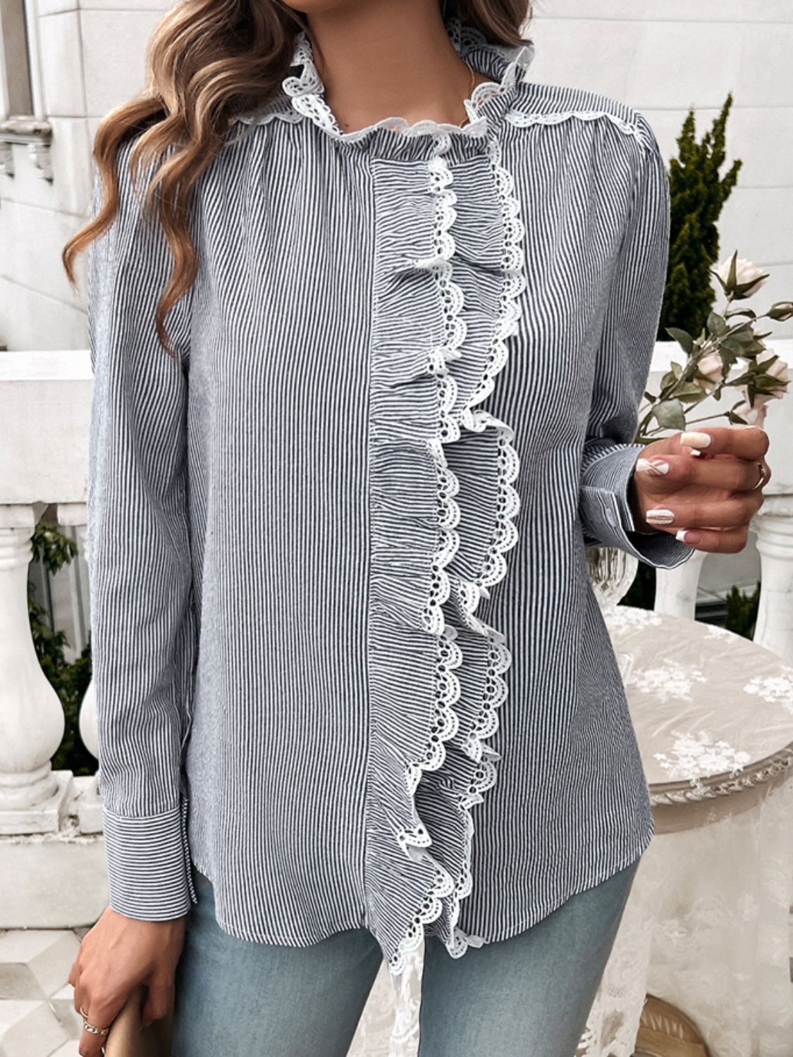 Devine Lace Detail Ruffled Round Neck Long Sleeve Shirt - Shimmervee