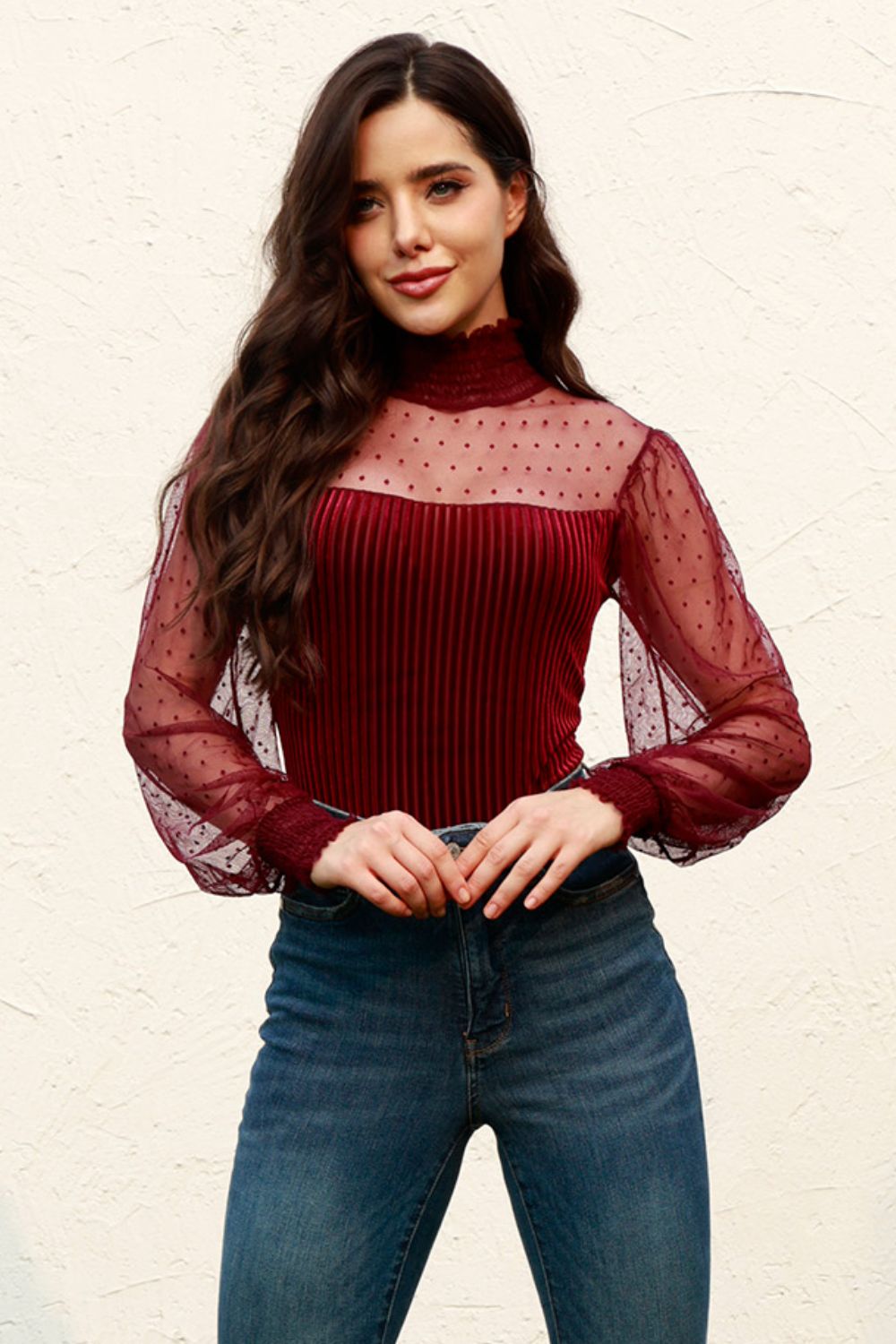 Mesh Long Sleeve Velvet Bodysuit - Shimmervee