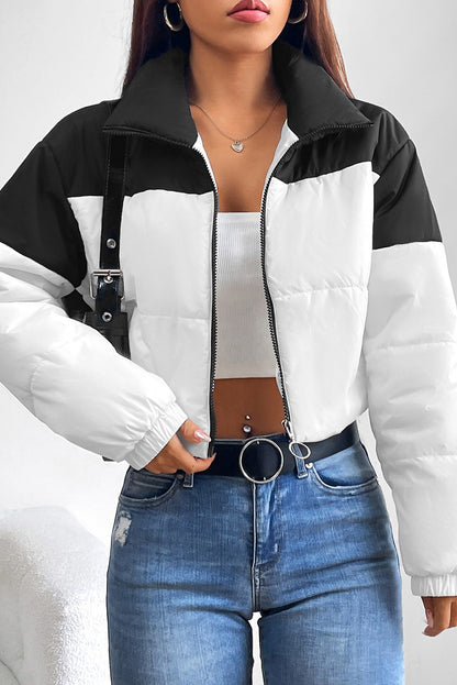 Collared Neck Color Block Puffer Jacket - Shimmervee