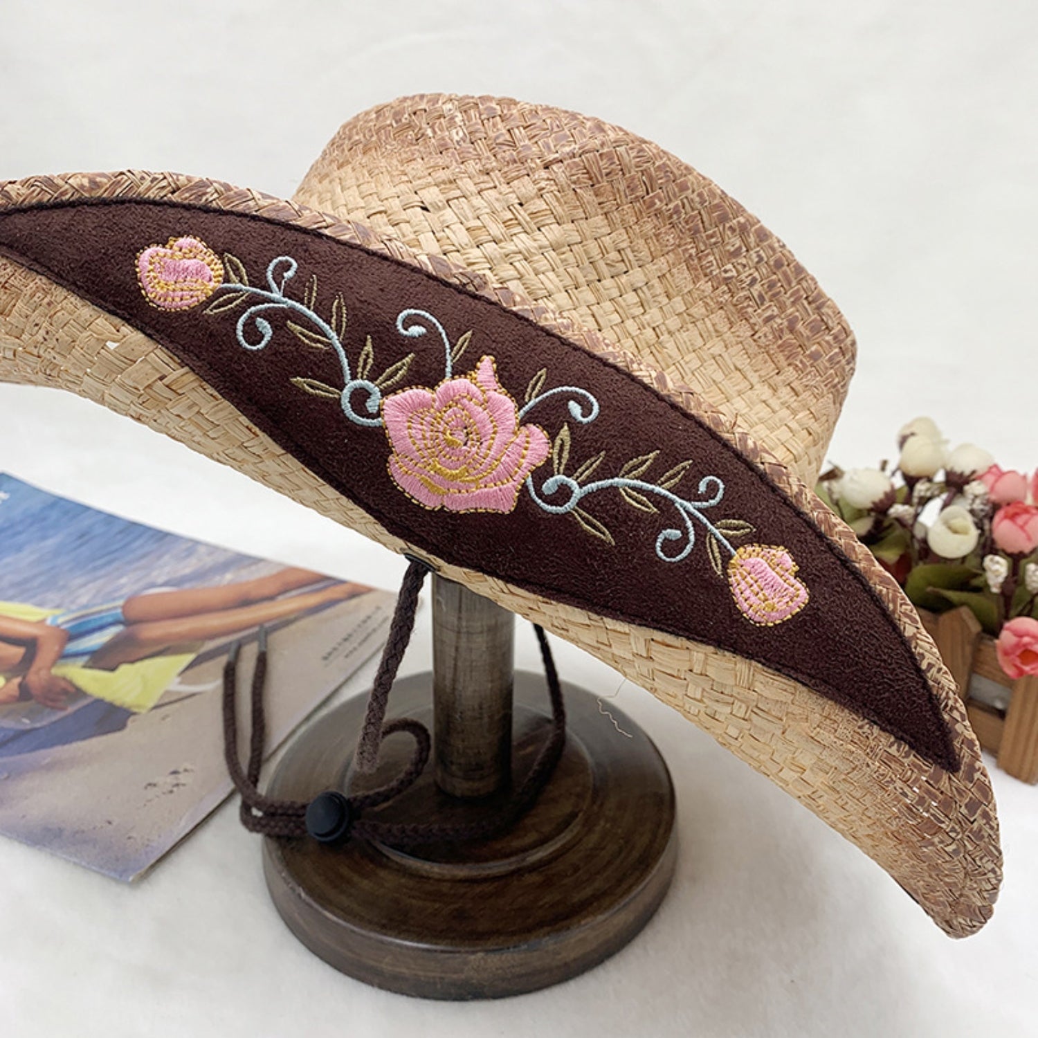 Embroidered Tied Raffia Hat - Shimmervee