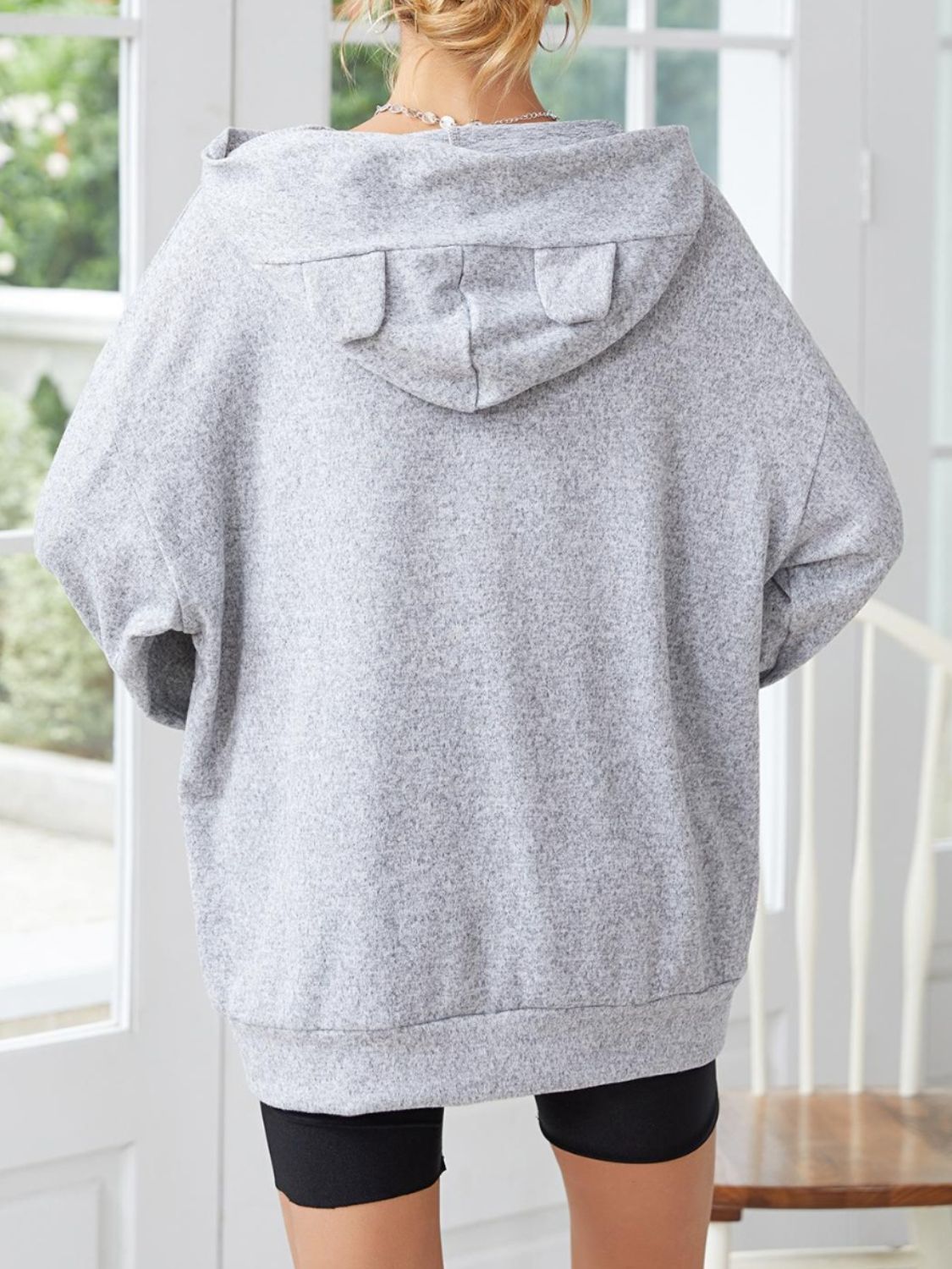 Long Sleeve Dropped Shoulder Hoodie with Ears - Shimmervee