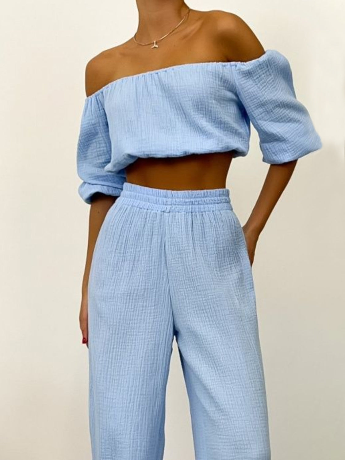 Off Shoulder Long Sleeve Top and Pants Set - Shimmervee