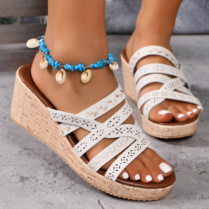 PU Leather Crisscross Wedge Sandals - Shimmervee