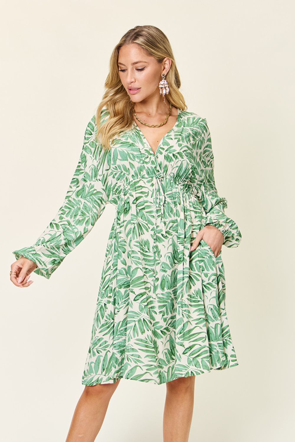 Double Take Full Size Printed Ruched Balloon Sleeve Dress - Shimmervee