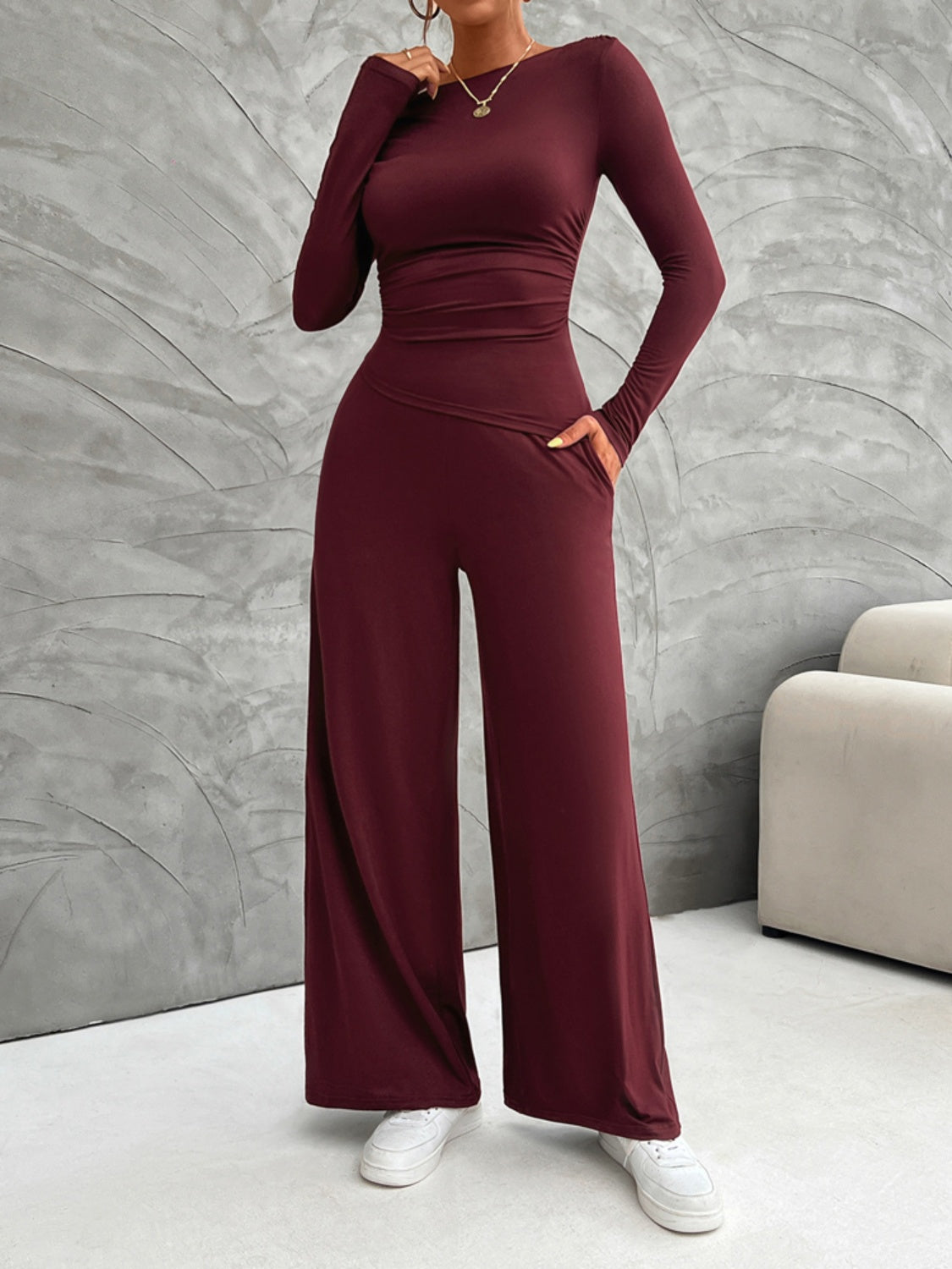 Devine Long Sleeve Top and Wide Leg Pants Set