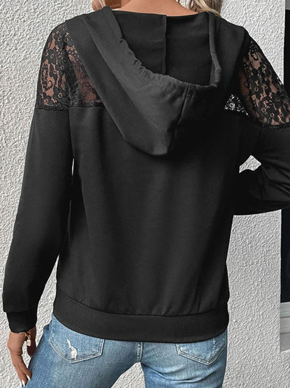 Perfee Lace Trim Dropped Shoulder Hoodie