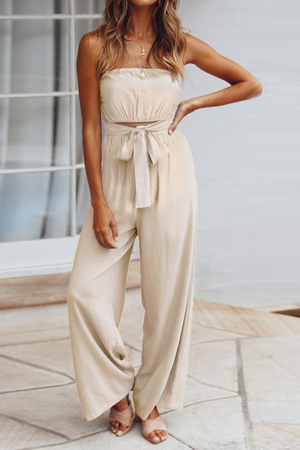 Tied Cutout Tube Wide Leg Jumpsuit - Shimmervee