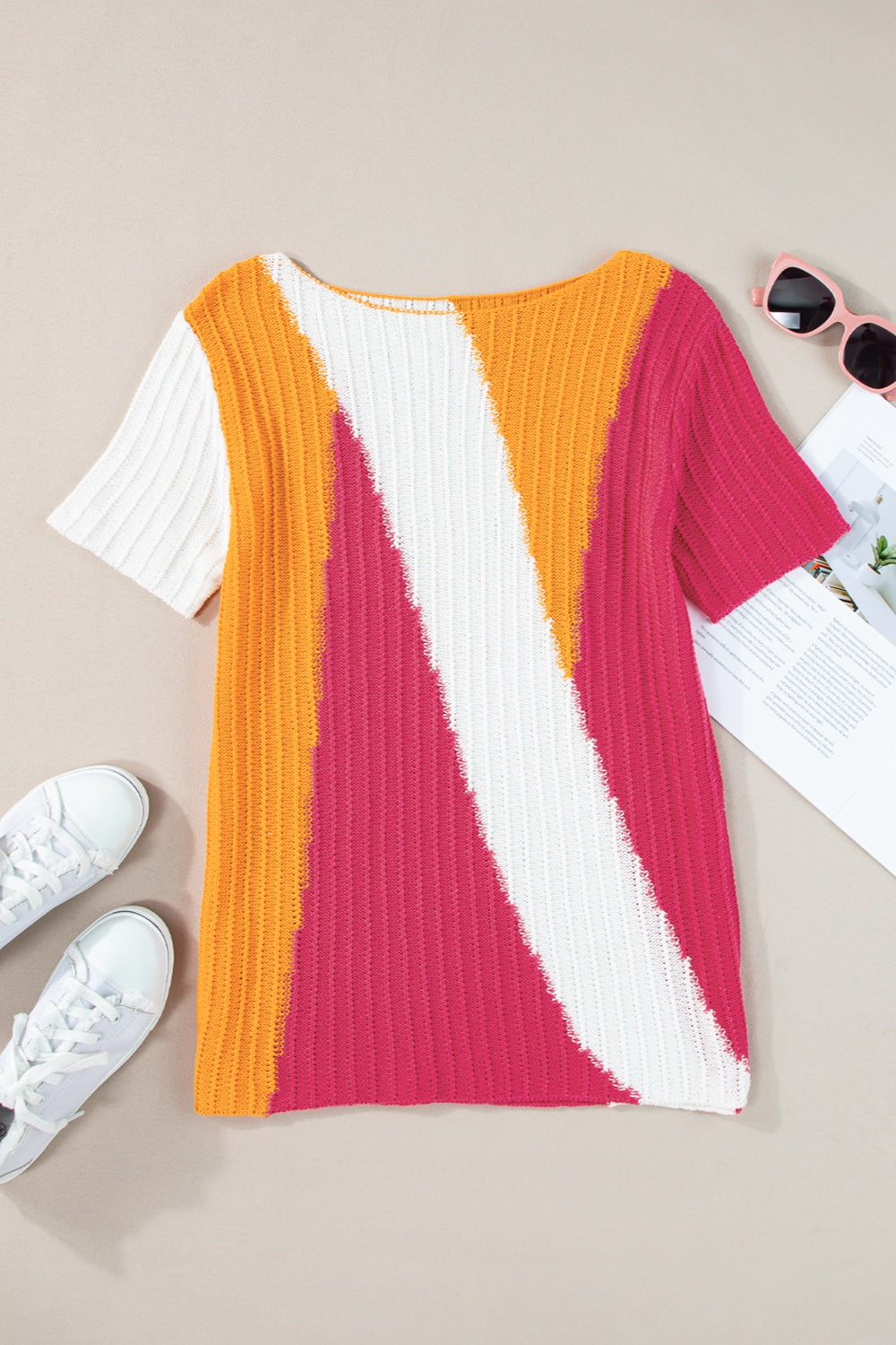 Color Block Round Neck Short Sleeve Knit Top