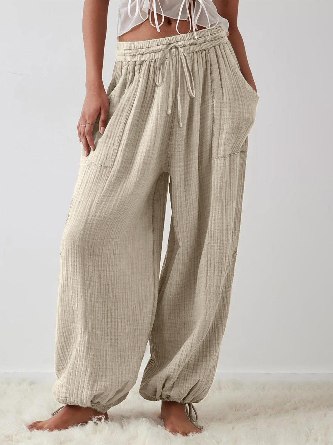 Textured Tied Pants with Pockets