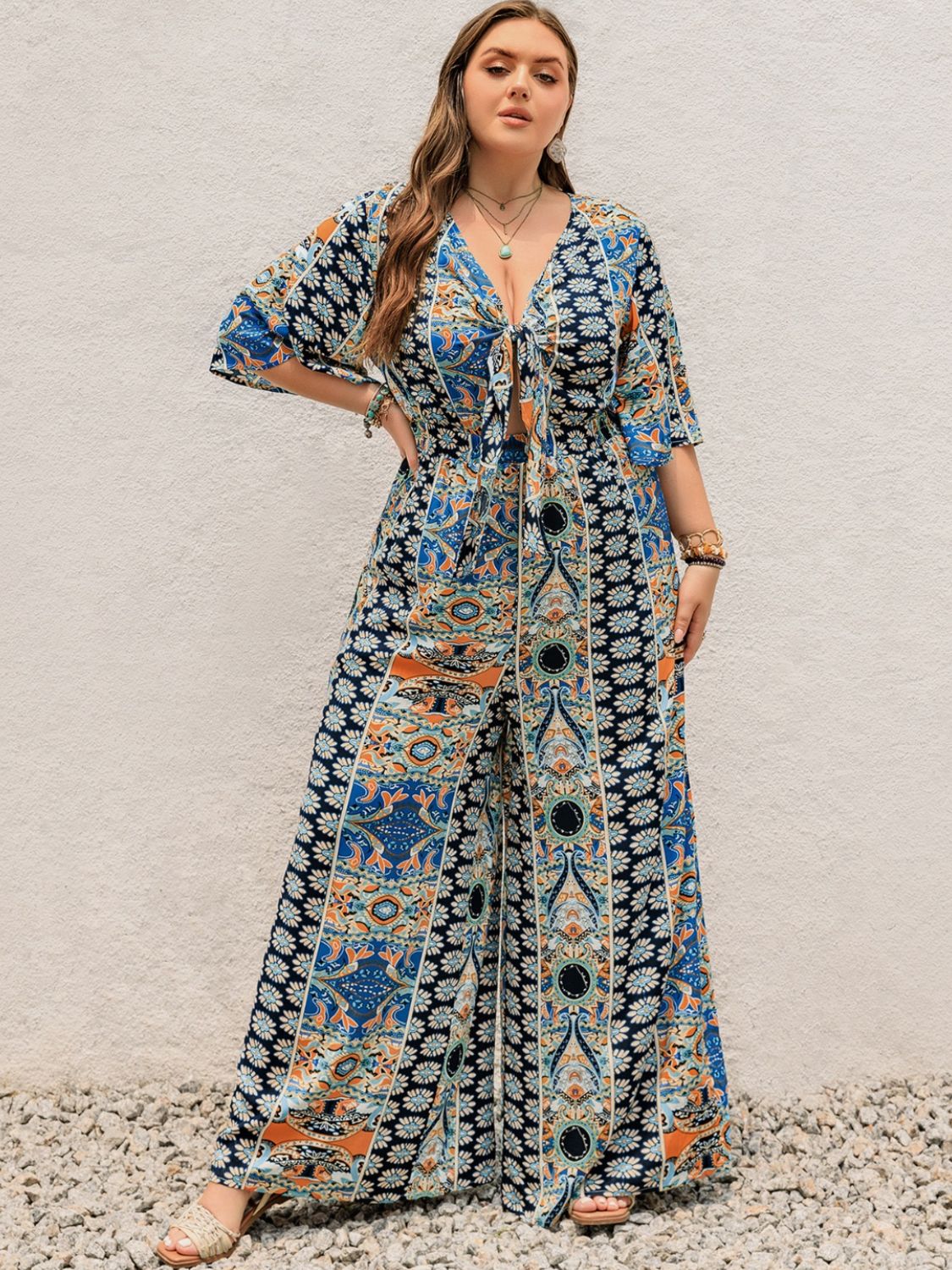 Plus Size Printed Half Sleeve Wide Leg Jumpsuit - Shimmervee