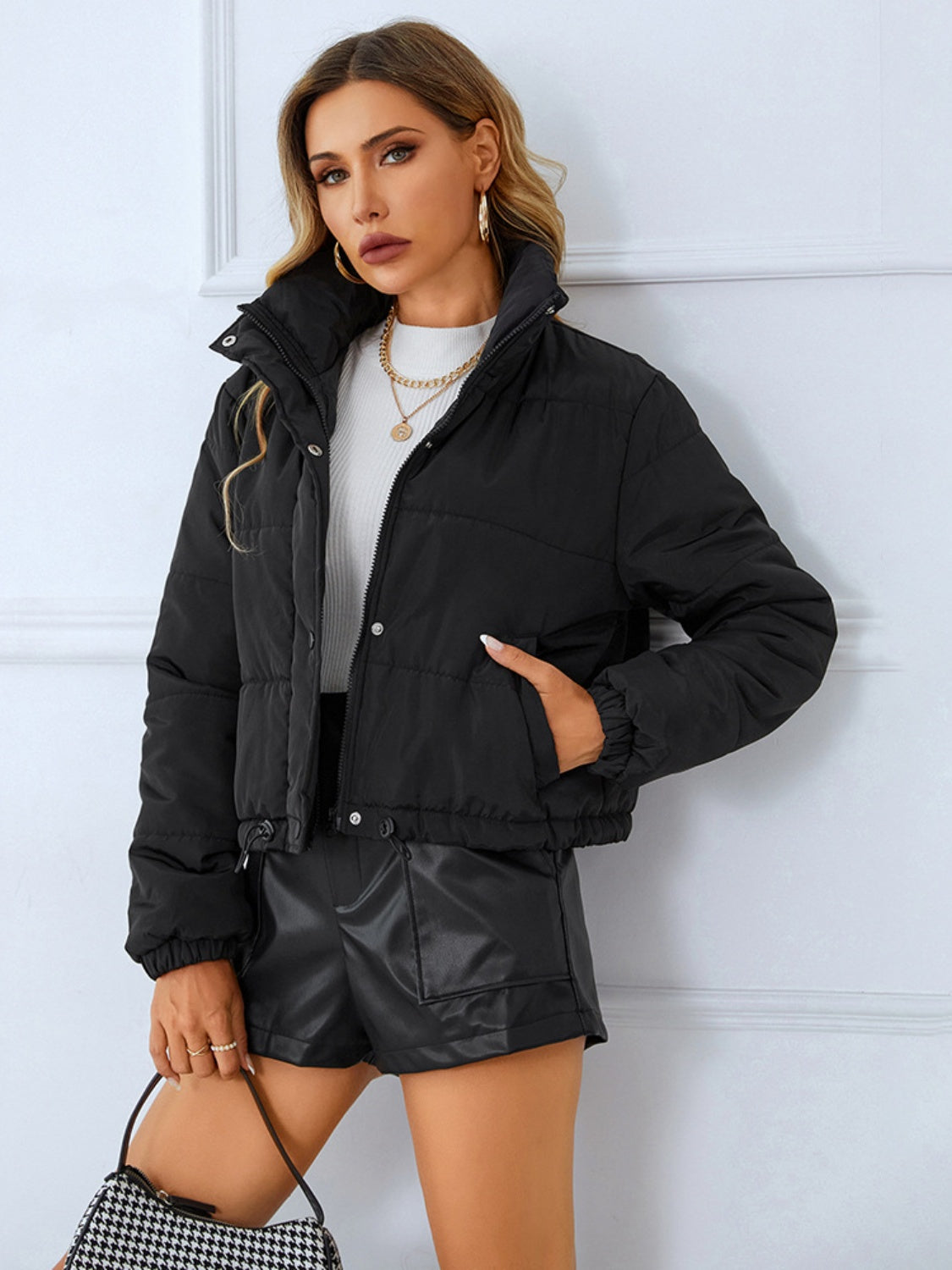 Snap and Zip Closure Drawstring Cropped Winter Coat