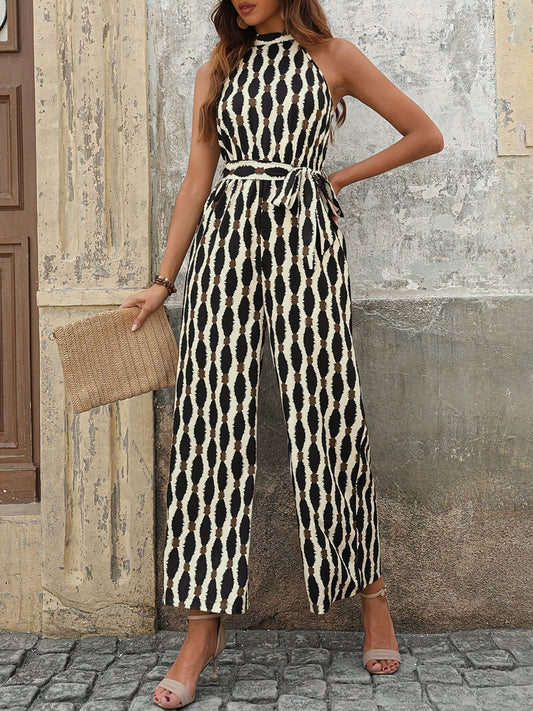 Tied Printed Grecian Neck Jumpsuit - Shimmervee