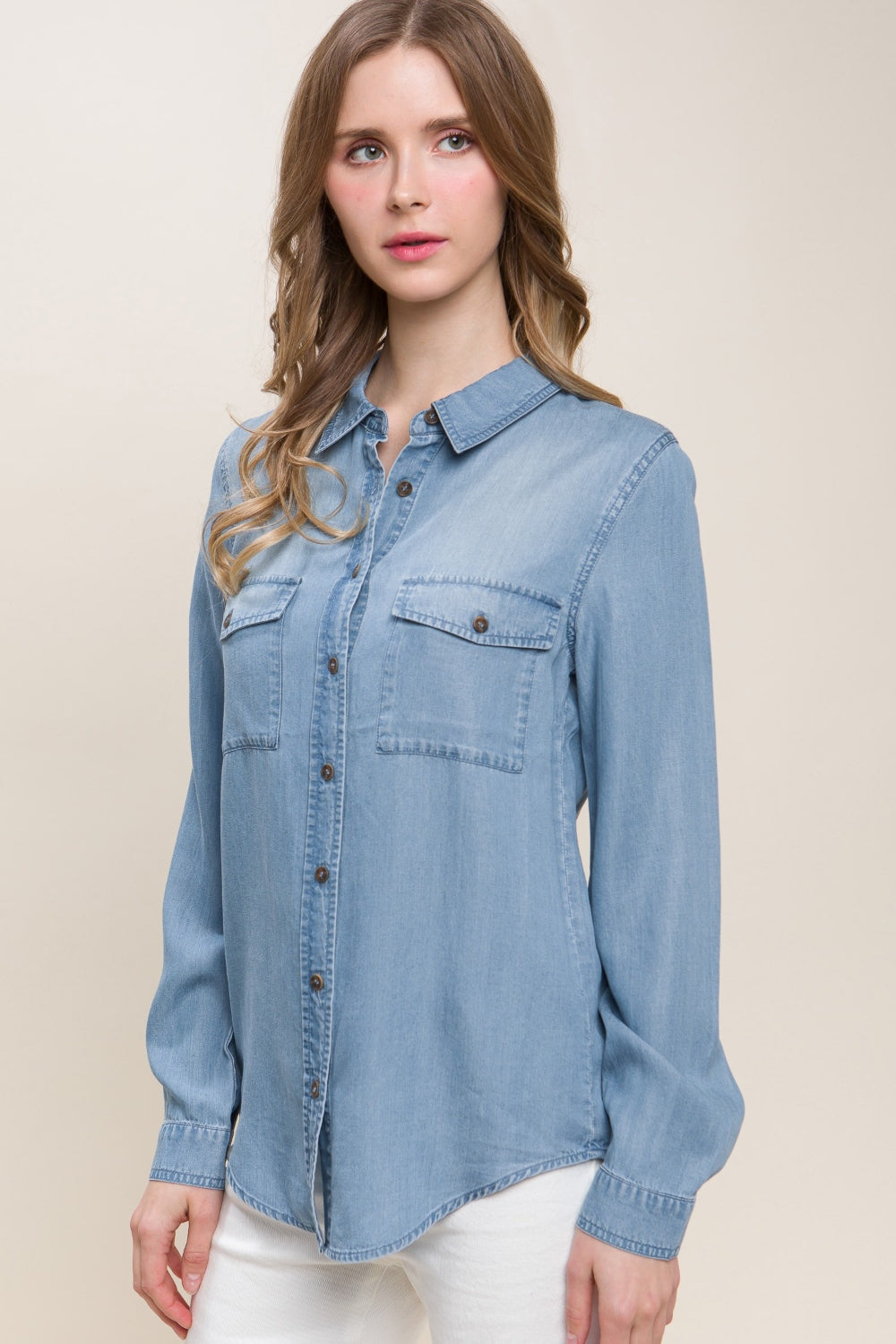 Love Tree Scooped Hem Button Up Denim Shirt - Shimmervee