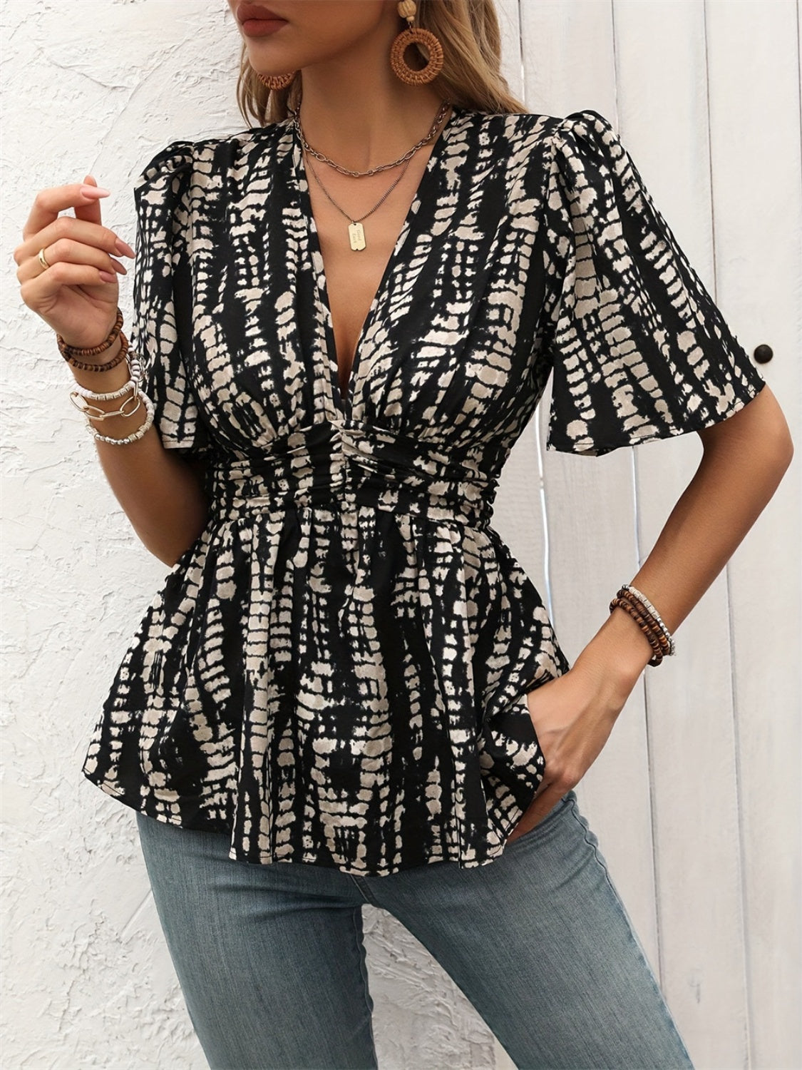 Printed V-Neck Half Sleeve Blouse