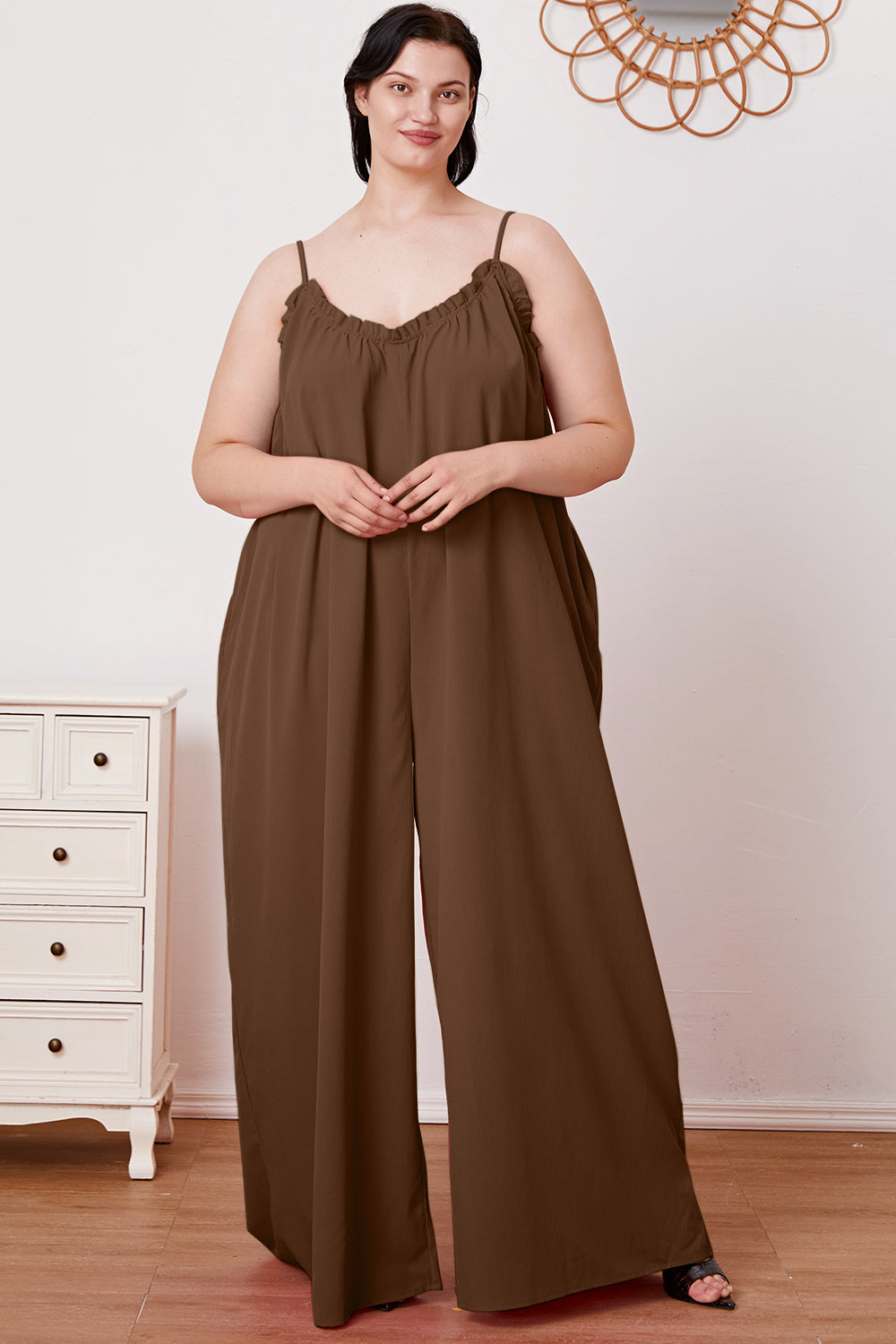 Double Take Full Size Ruffle Trim Tie Back Cami Jumpsuit with Pockets - Shimmervee