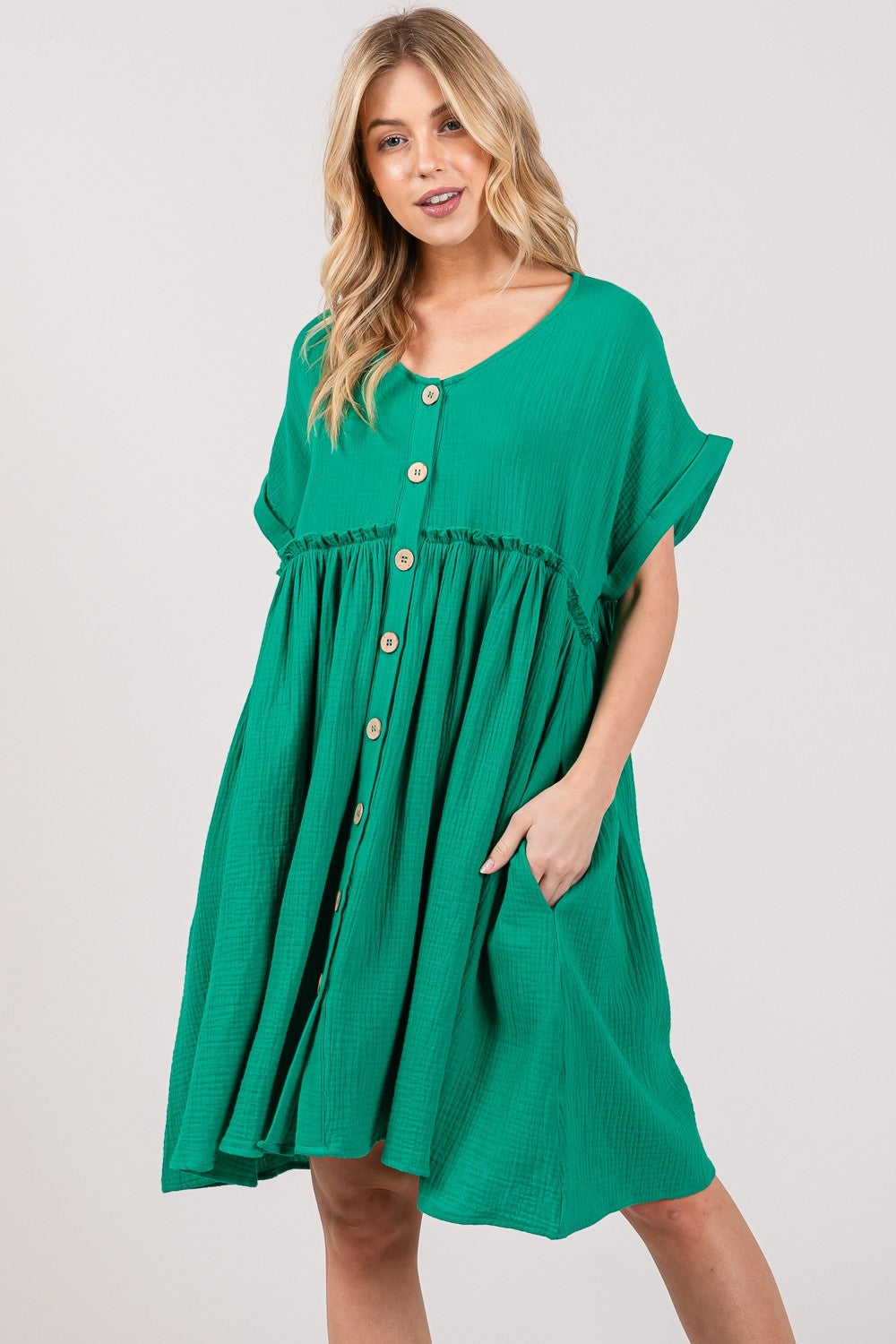 SAGE + FIG Full Size Button Up Short Sleeve Dress - Shimmervee