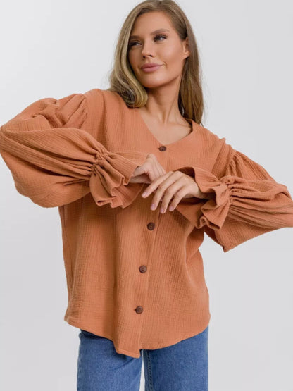 Button Up Flounce Sleeve Shirt