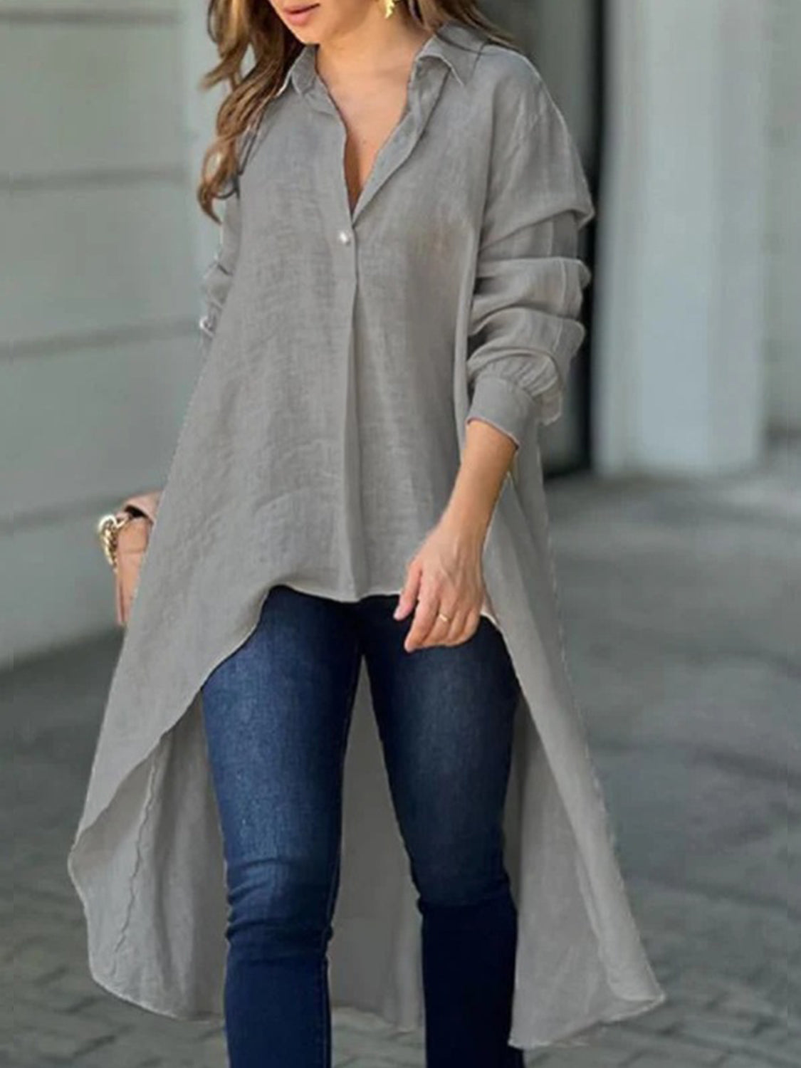 Full Size High-Low Collared Neck Long Sleeve Shirt - Shimmervee