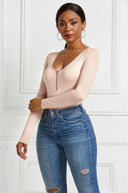 Half Zip Scoop Neck Long Sleeve Bodysuit - Shimmervee