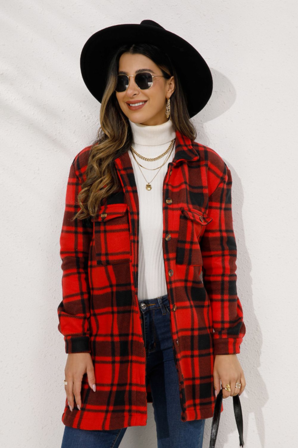 Shiny Plaid Collared Longline Coat - Shimmervee