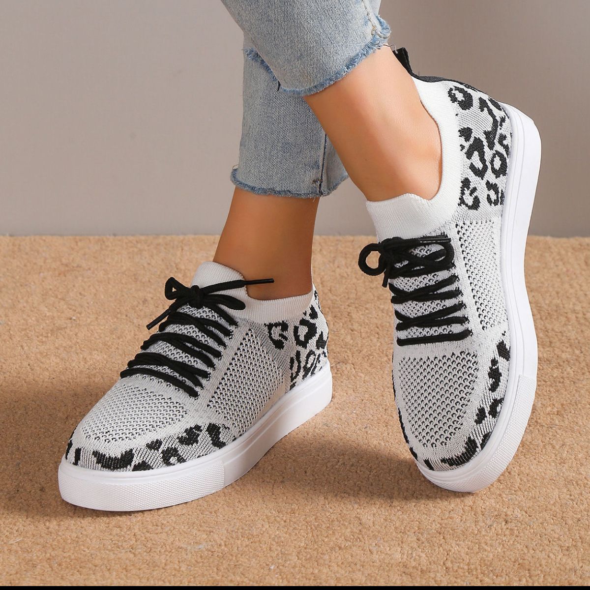 Lace-Up Leopard Flat Sneakers - Shimmervee