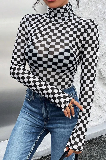 Checkered Turtleneck Long Sleeve Bodysuit - Shimmervee