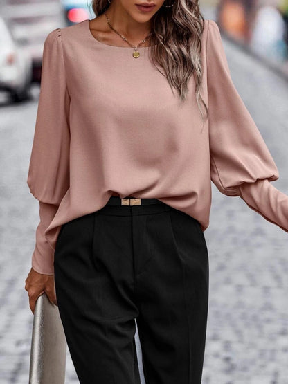 Decorative Button Round Neck Long Sleeve Blouse - Shimmervee