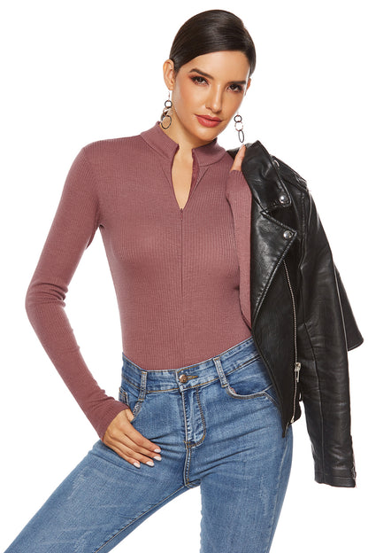 Full Size Ribbed Half Zip Long Sleeve Bodysuit - Shimmervee