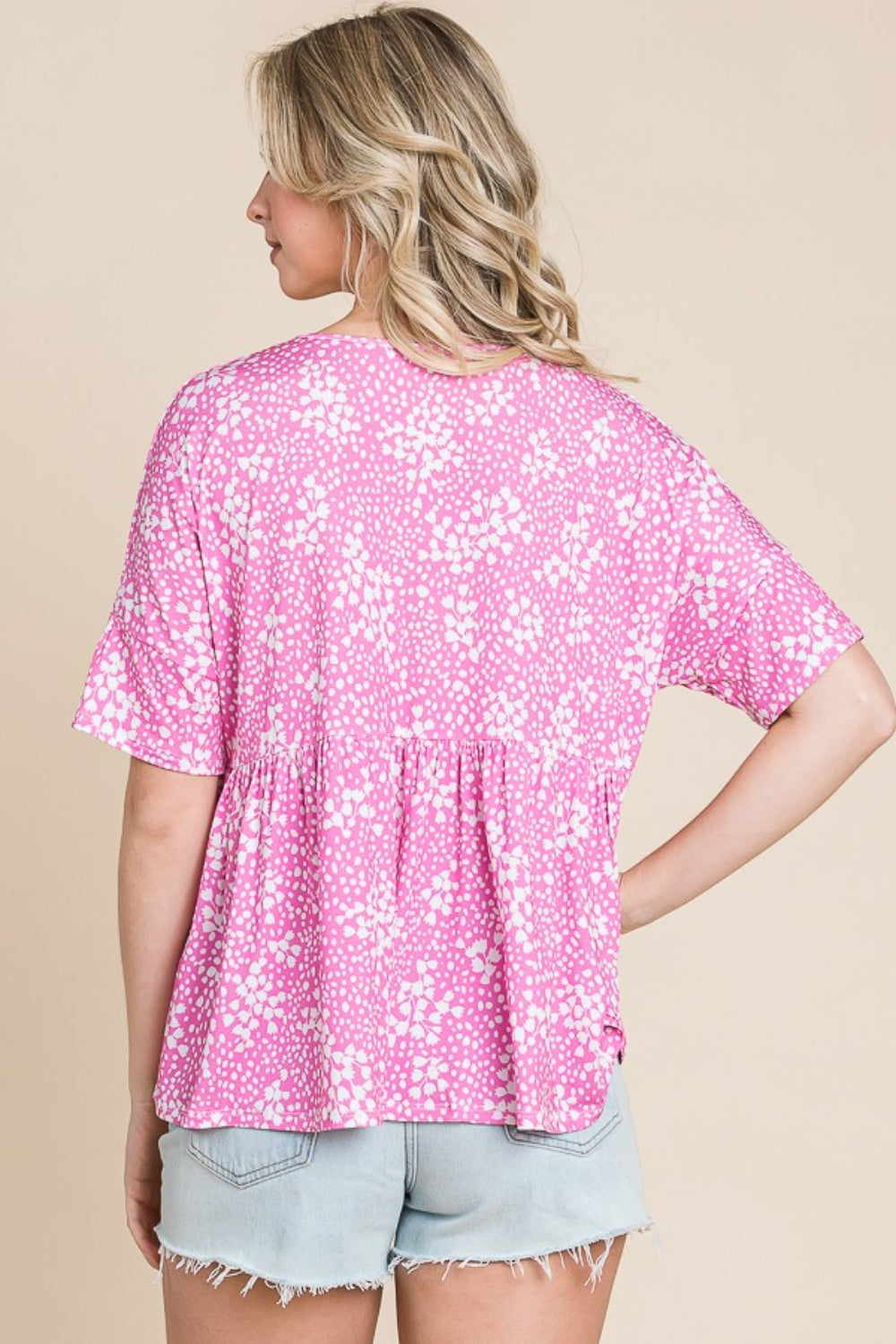 BOMBOM Floral Round Neck Peplum Blouse - Shimmervee