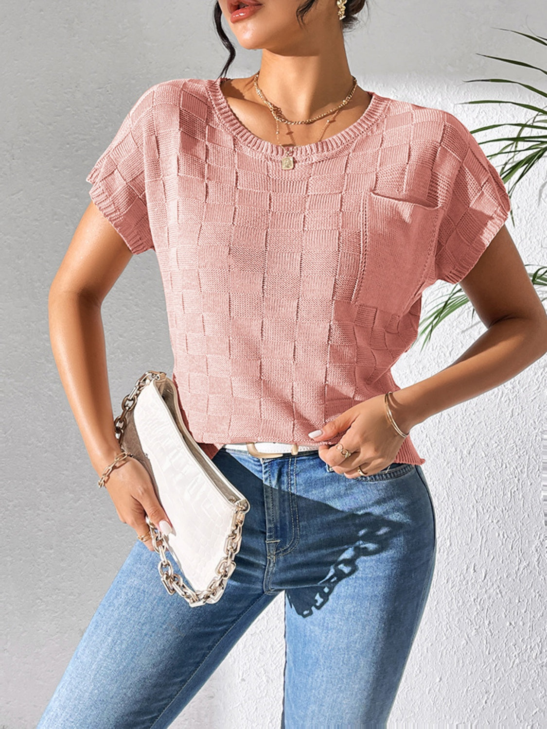 Round Neck Short Sleeve Knit Top